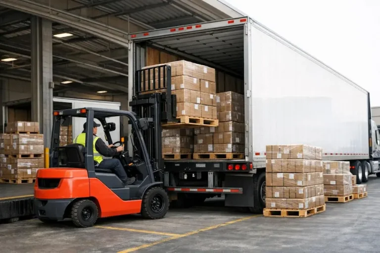 Operarios cargando pallets de mercancías en un camión de transporte de carga fraccionada